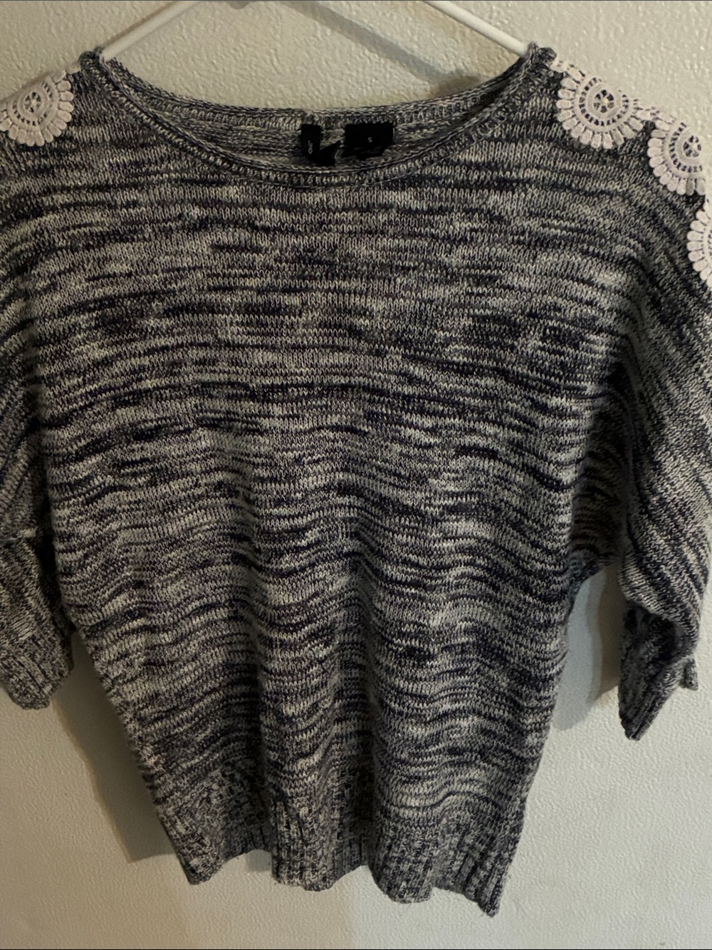 new directions Gray Marled Crewneck Sweater with White Lace Shoulders